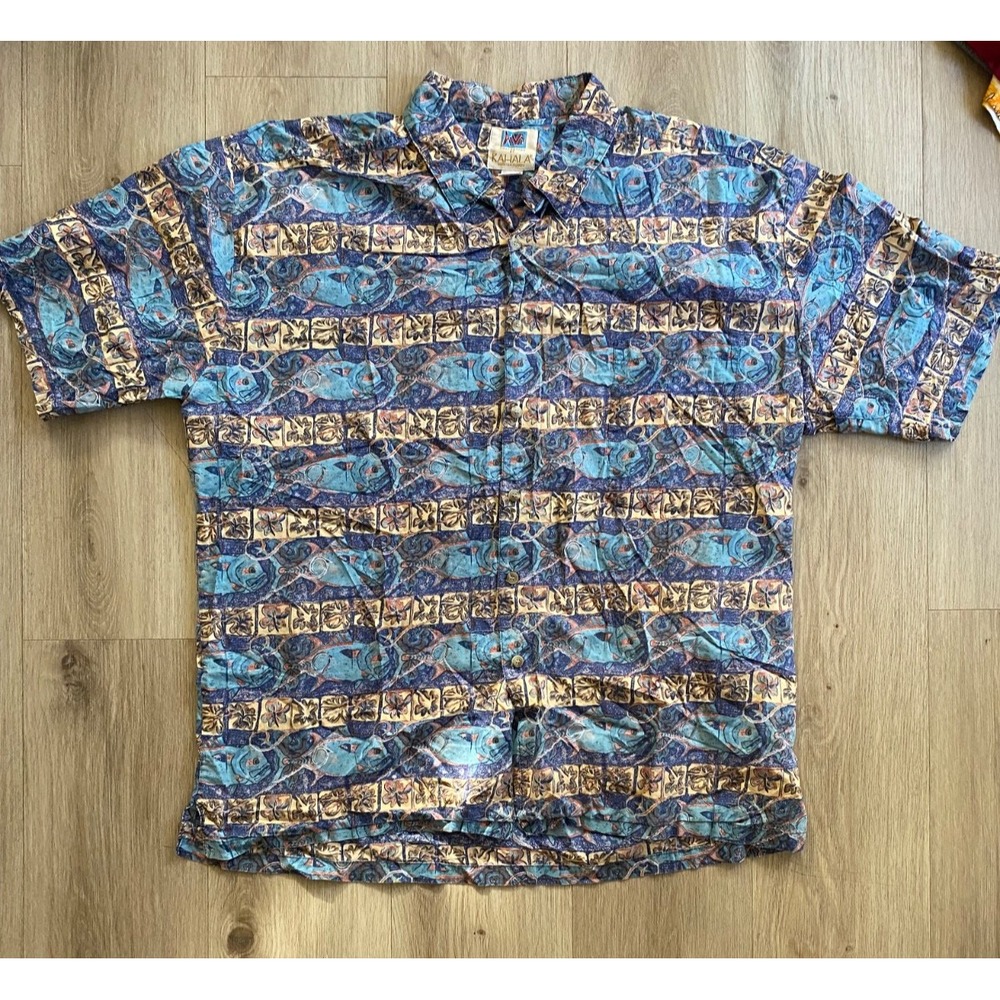 AVi Collection Kai Ala Mens XL Hawaiian Shirt Cotton Made in Hawaii Aloha Blue